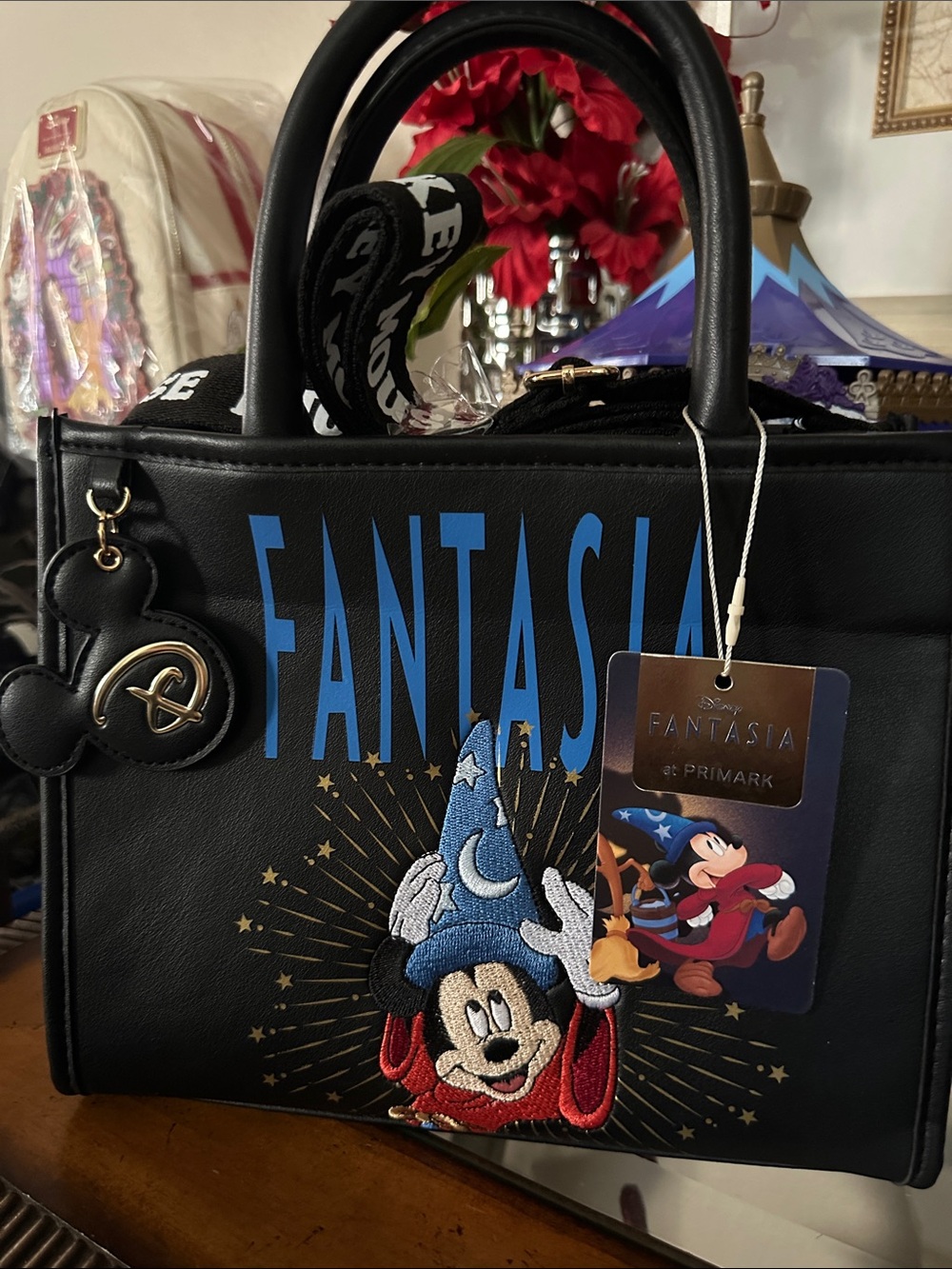 Primark Black Tote with Blue Fantasia Graphic and Mickey Embroidery NWT